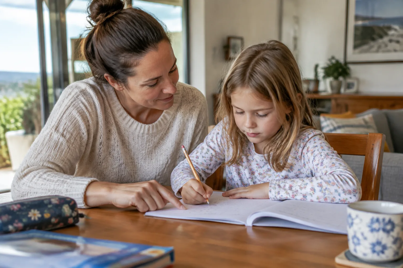 A mother sitting beside her daughter as she writes in an exercise book at home