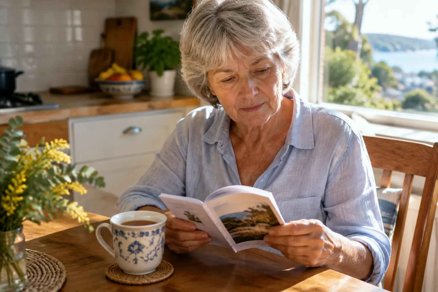 An older woman reading a booklet with a cup of tea at a kitchen table
