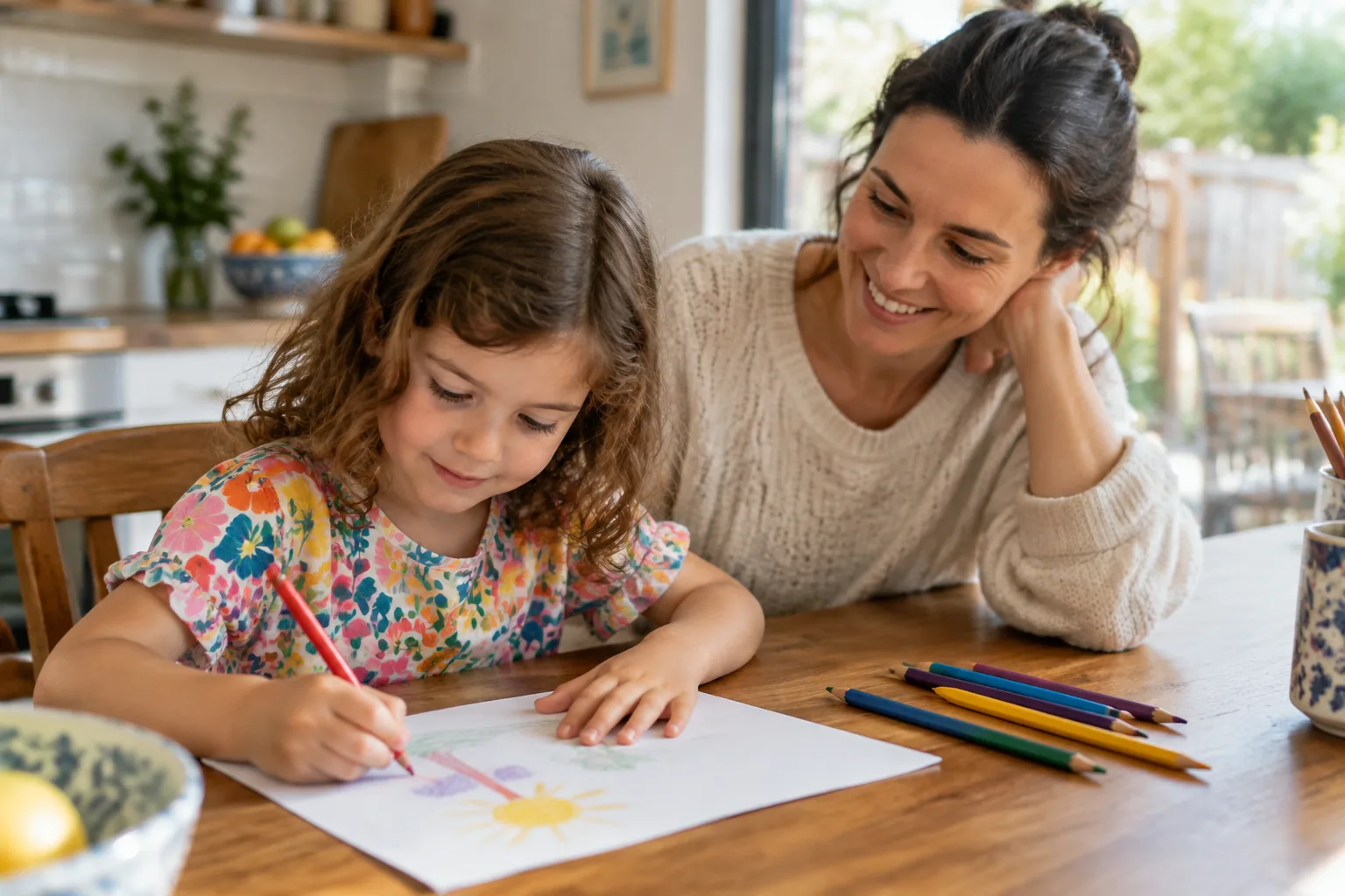 A young girl drawing with coloured pencils at a kitchen table while her mother watches