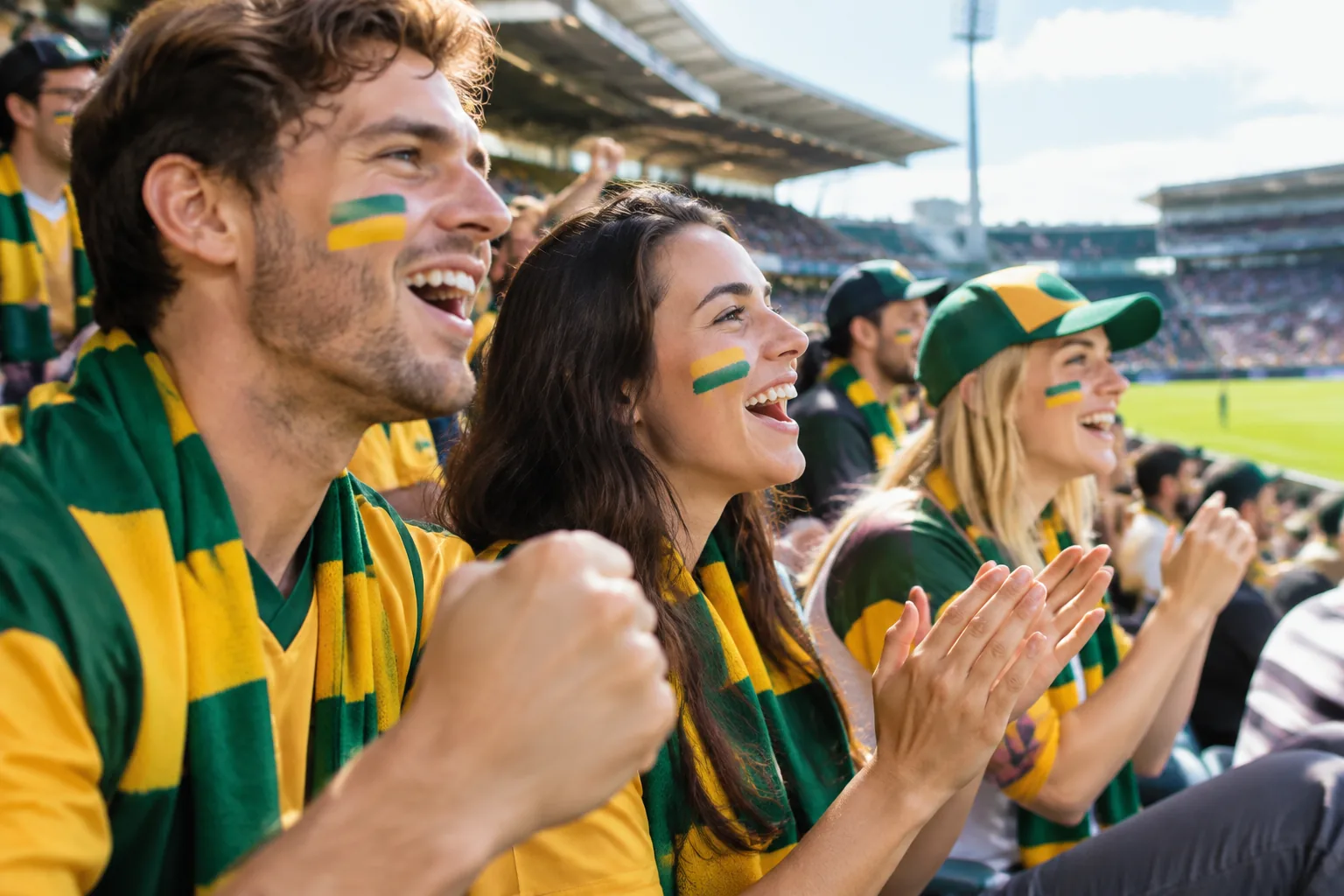 Sports fans in green and gold cheering in a stadium grandstand