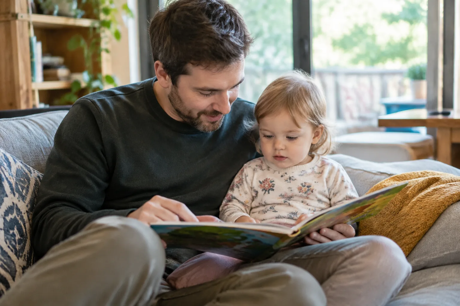 A father reading a picture book with a baby on a couch