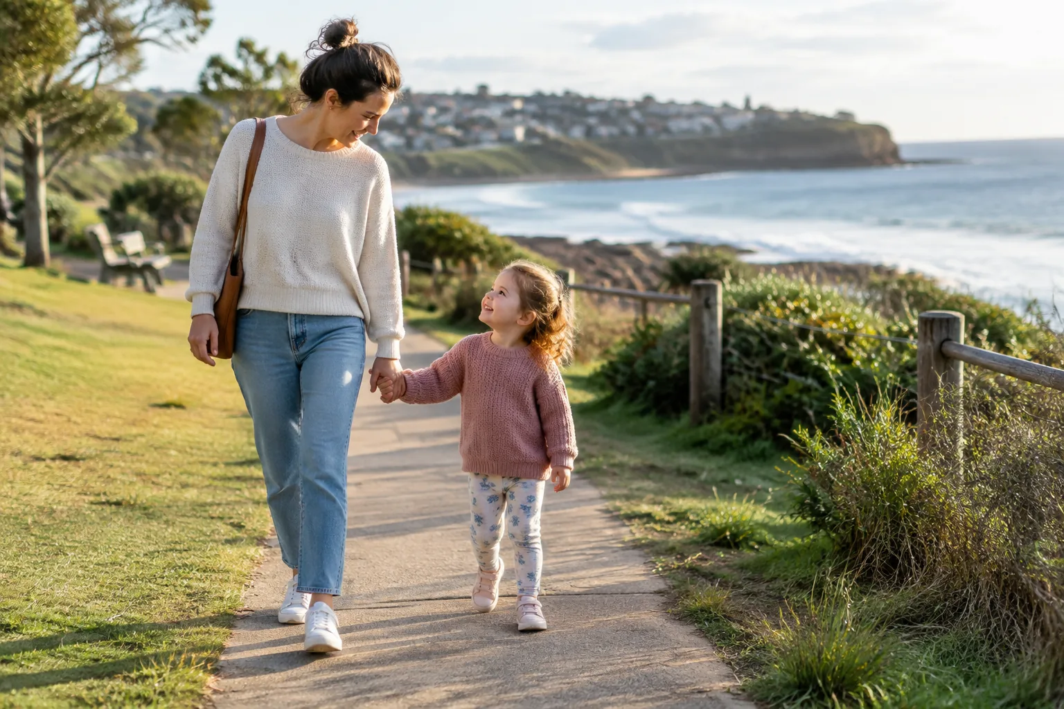 A mother and toddler walking hand in hand along a coastal path