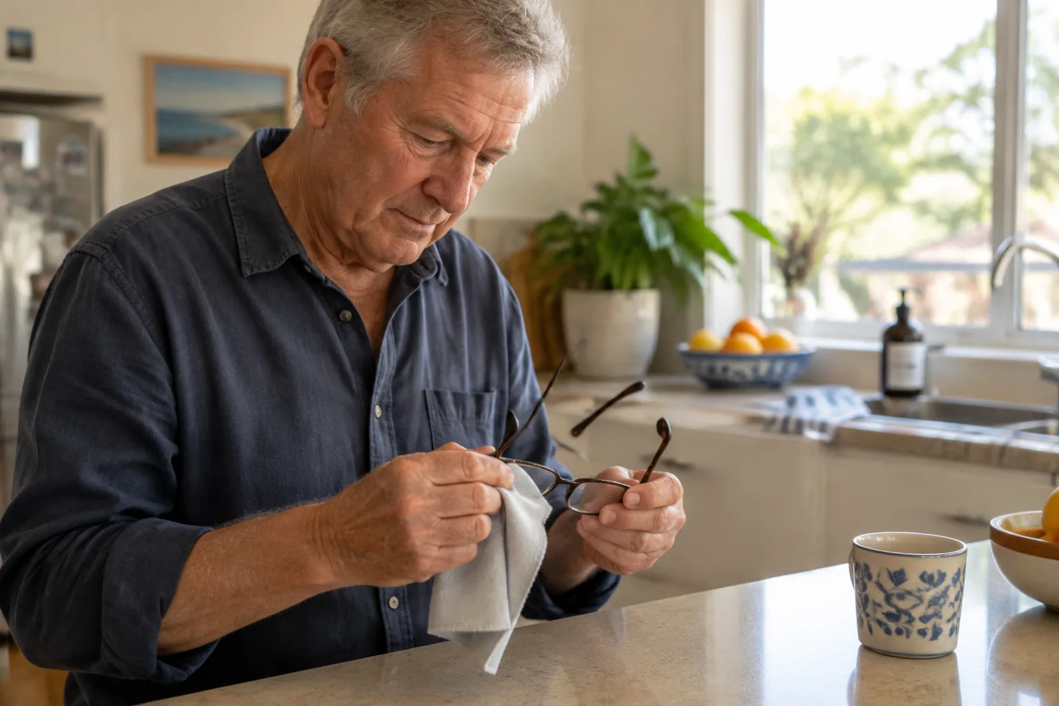 An older man wiping a pair of glasses with a soft cloth in a kitchen