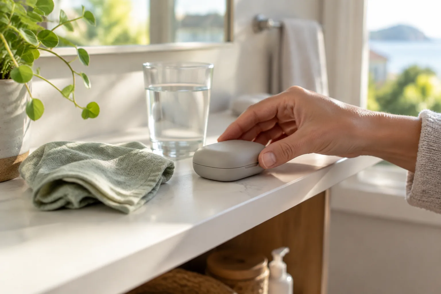 A hand placing a small case on a bathroom bench beside a folded cloth and a glass of water