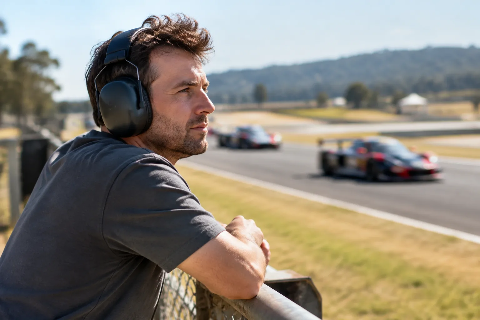 A man wearing earmuffs watching cars race past on a motor-racing circuit