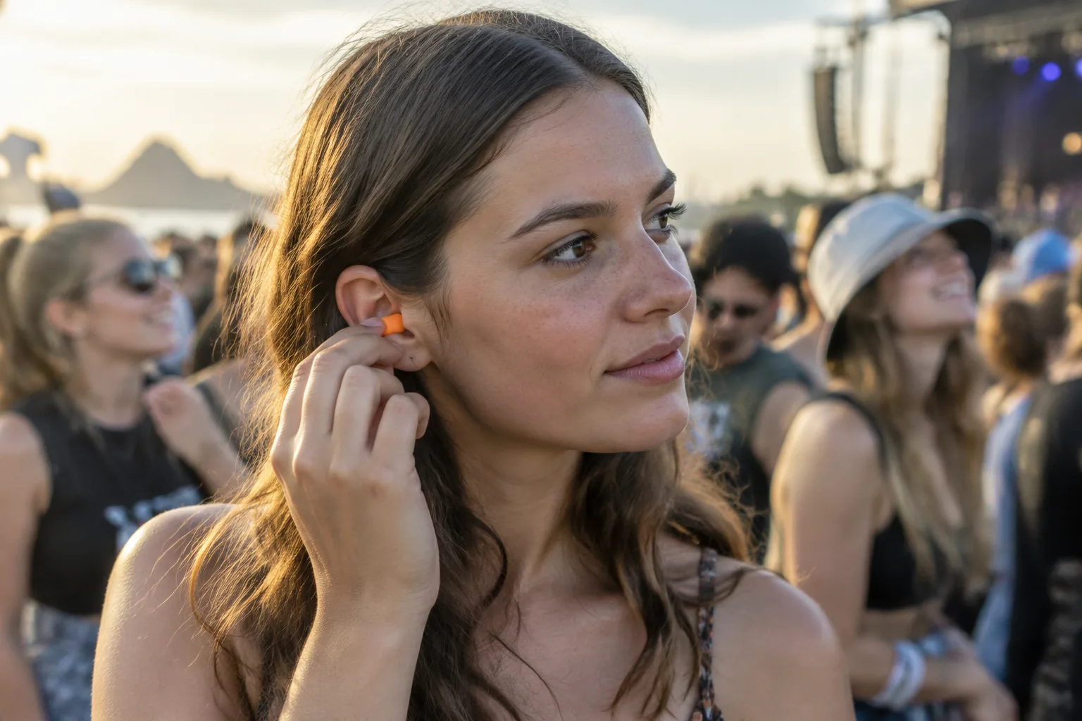 A young woman putting a foam earplug in her ear in a concert crowd