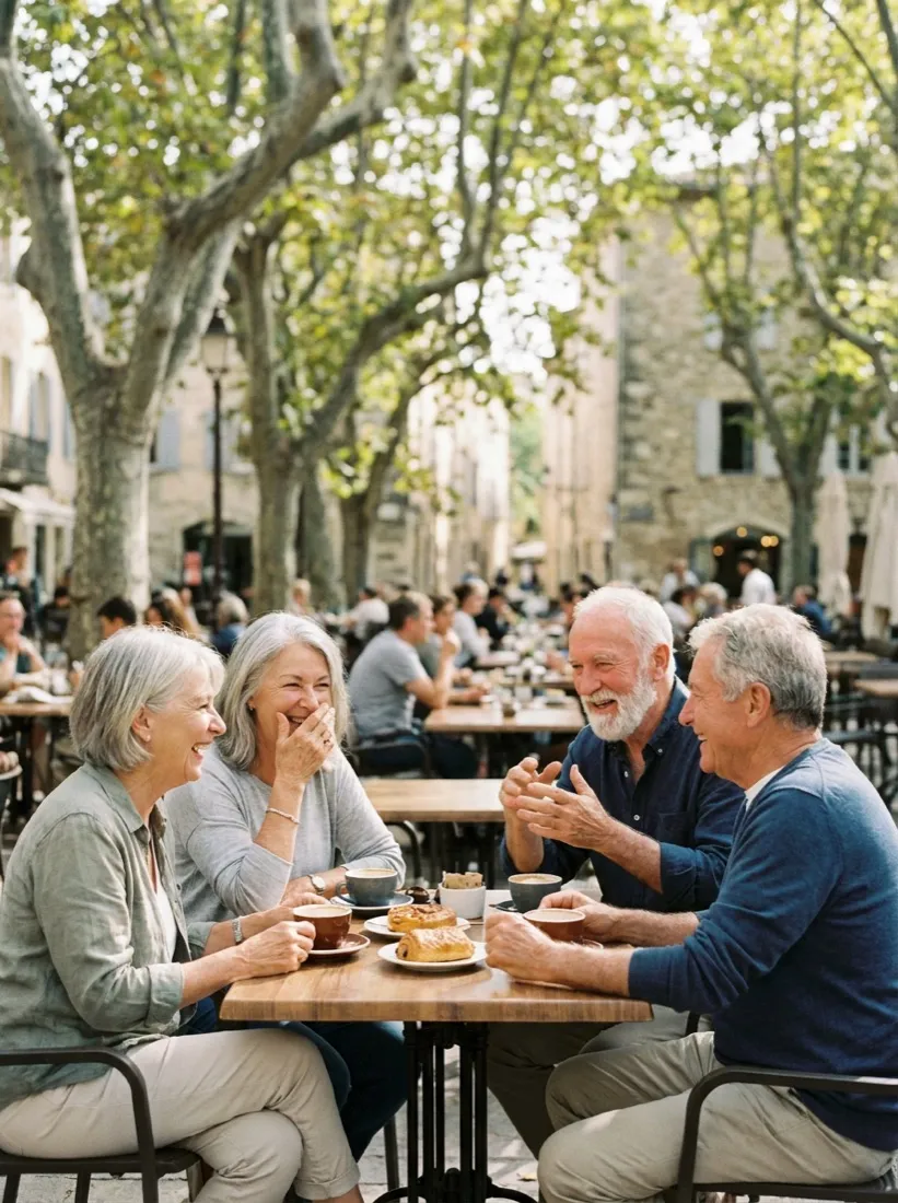 Friends laughing together over coffee at a cafe