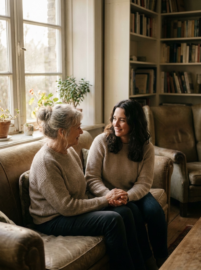 Two people having a close conversation at home
