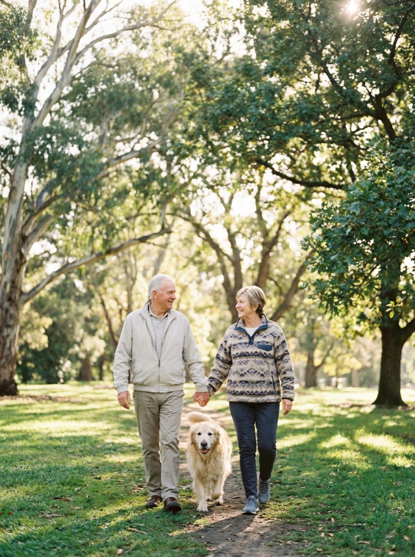 Older couple walking together in a park