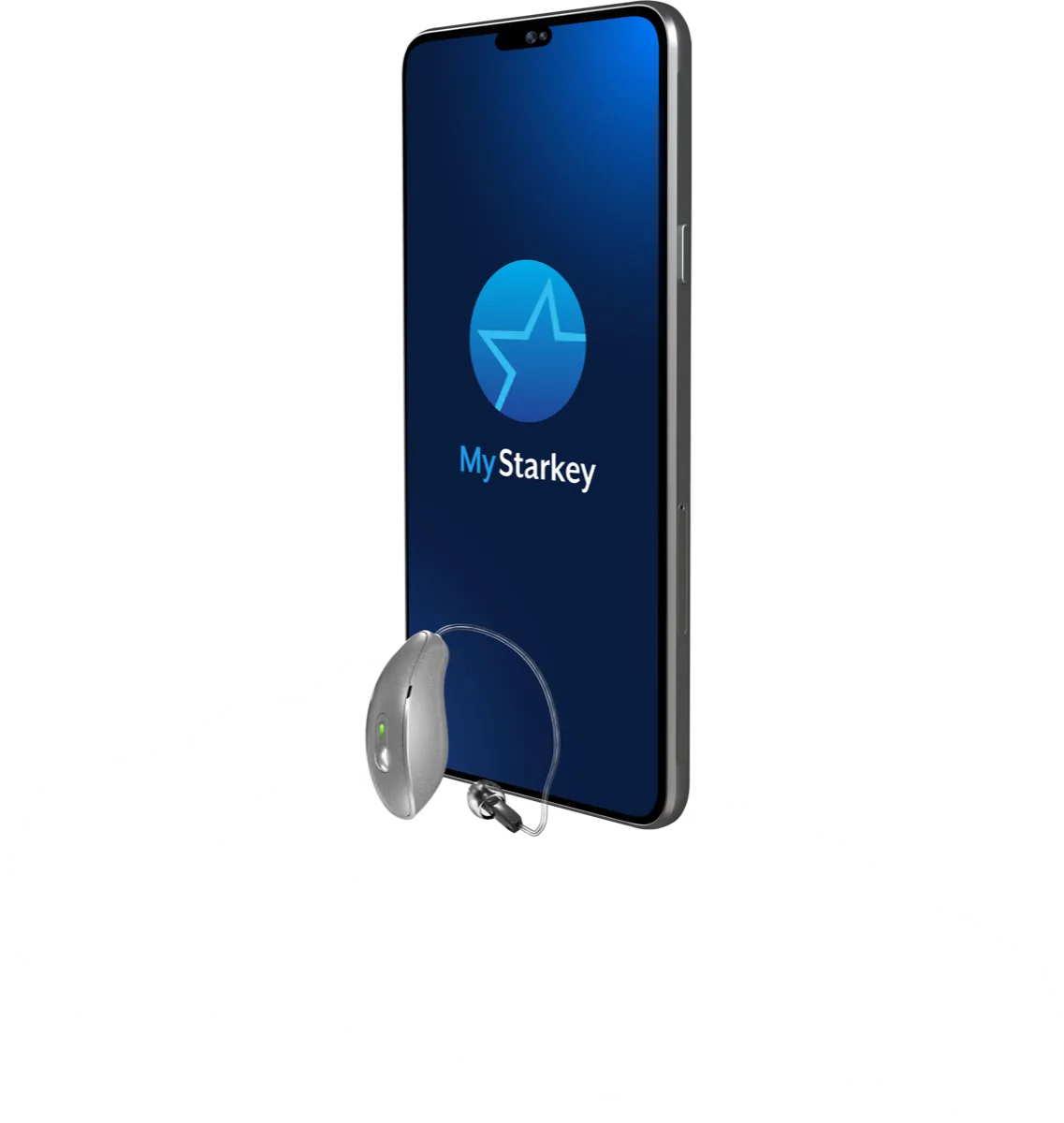 The silver Starkey Omega AI mRIC R receiver-in-canal hearing aid in front of a smartphone showing the My Starkey app