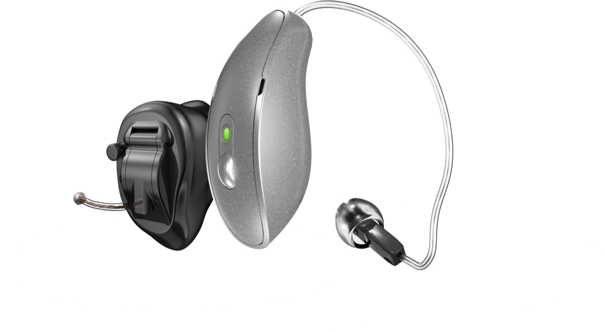 A Starkey Omega AI completely-in-canal hearing aid beside the mRIC receiver-in-canal style, shown pairing wirelessly