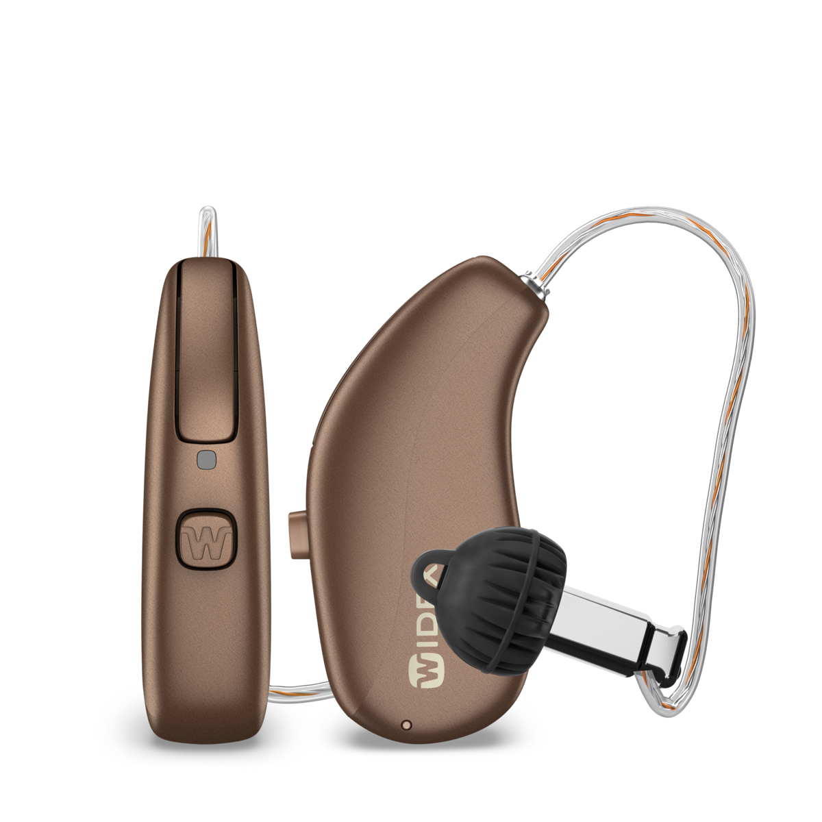 The Widex Allure RIC R D receiver-in-canal hearing aid in chestnut brown, shown from the front and the side with its thin receiver wire