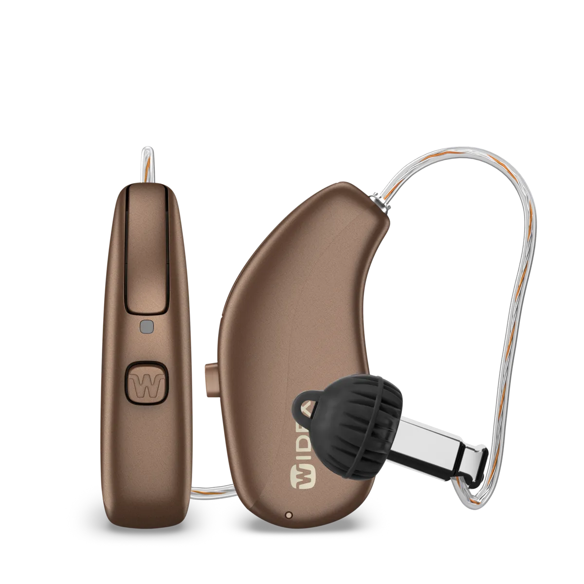 The Widex Allure RIC R D receiver-in-canal hearing aid in chestnut brown, shown from the front and the side with its thin receiver wire