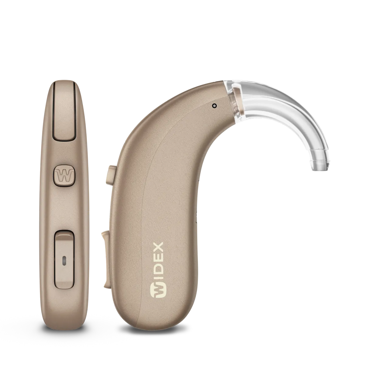 The Widex Allure BTE R D behind-the-ear hearing aid in autumn beige, shown from the front and the side with its clear earhook
