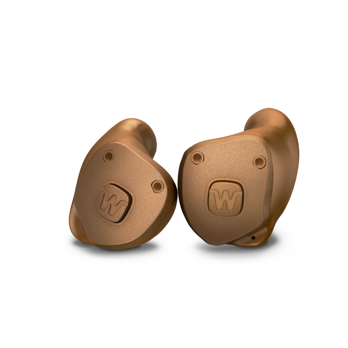 A pair of Widex custom in-the-ear hearing aids in clay brown, each moulded to the shape of an ear canal